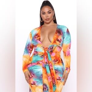 Tie-Front Tropical Print Bodycon Dress - Vibrant Orange & Multicolor |